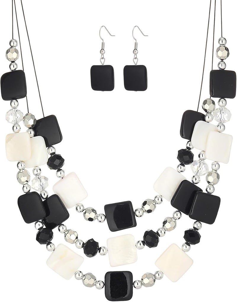 Errally Store Layered Beaded Statement Necklaces for Women Square Shell Bead Collar Necklace and Earring Set Birthday Gifts Boho Jewelry Sets for Women - Image 1